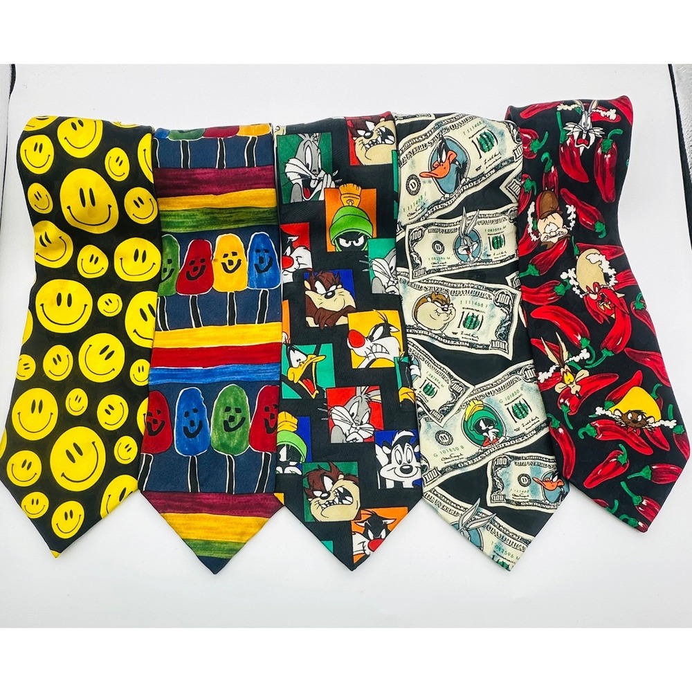 Vintage Novelty Tie Lot 5pc Looney Tunes Smiley Face Save the Children Silk Poly